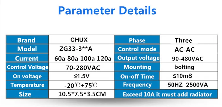 CHUX Three Phases Solid State Relay 60a 80a 100a 120a 90-480VAC ZG33 70-280v AC to AC 3 SSR Relay
