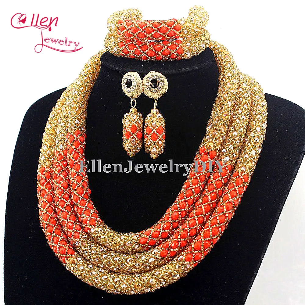 2019 New Arrived Fashion Champagne Orange Crystal Costume necklace sets Bridal Nigerian Wedding African Beads Jewelry Sets E1024 | Украшения