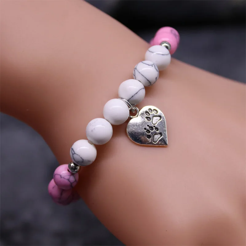 BLINGPAW Новый розовый браслет из натурального камня с собачьими лапами подвеской в