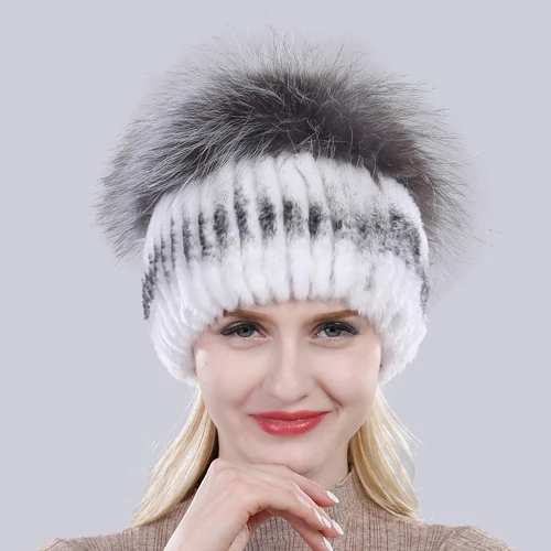 white black 1 Хорошая эластичная шапка из натурального меха серебристой лисы, Новая зимняя женская вязаная шапка из натурального меха кролика Рекс, женская шапка из натурального меха - Цвет: white black 1