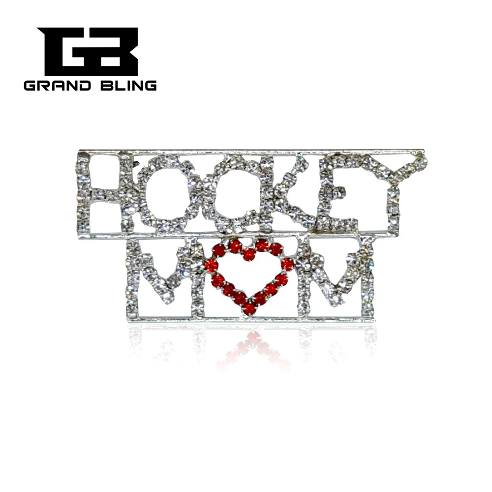 Брошь в виде надписи Хоккейная Мама с кристаллами спортивной тематике ювелирное