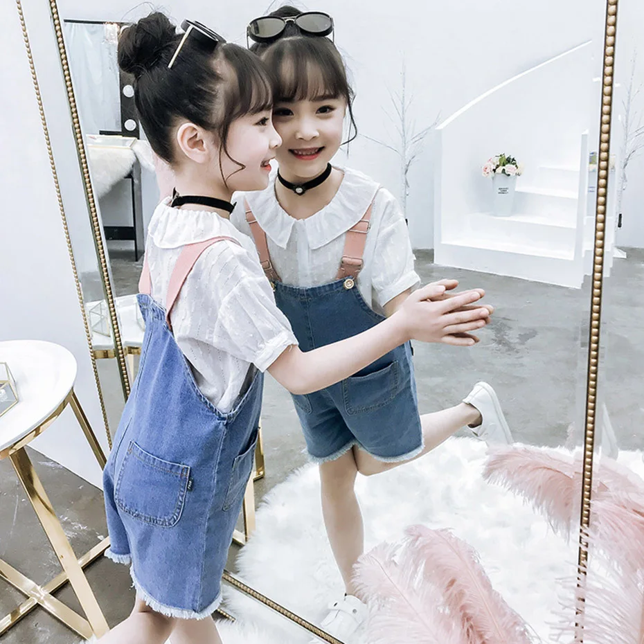 Комплект одежды для девочек белая блузка + джинсовый комбинезон летняя одежда из