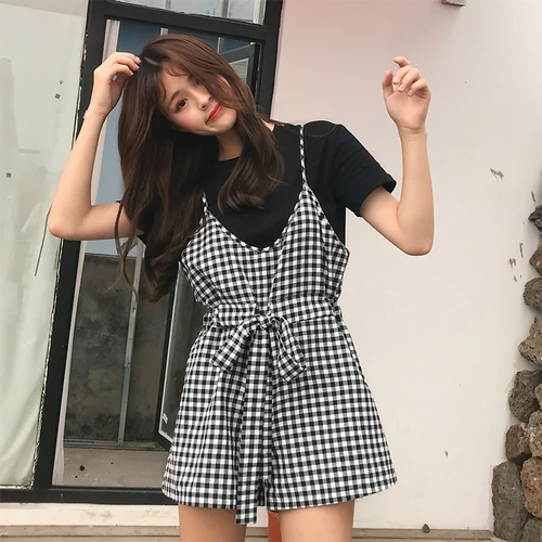 Женские повседневные Женский комплект 2 шт. в клетку с коротким рукавом черные