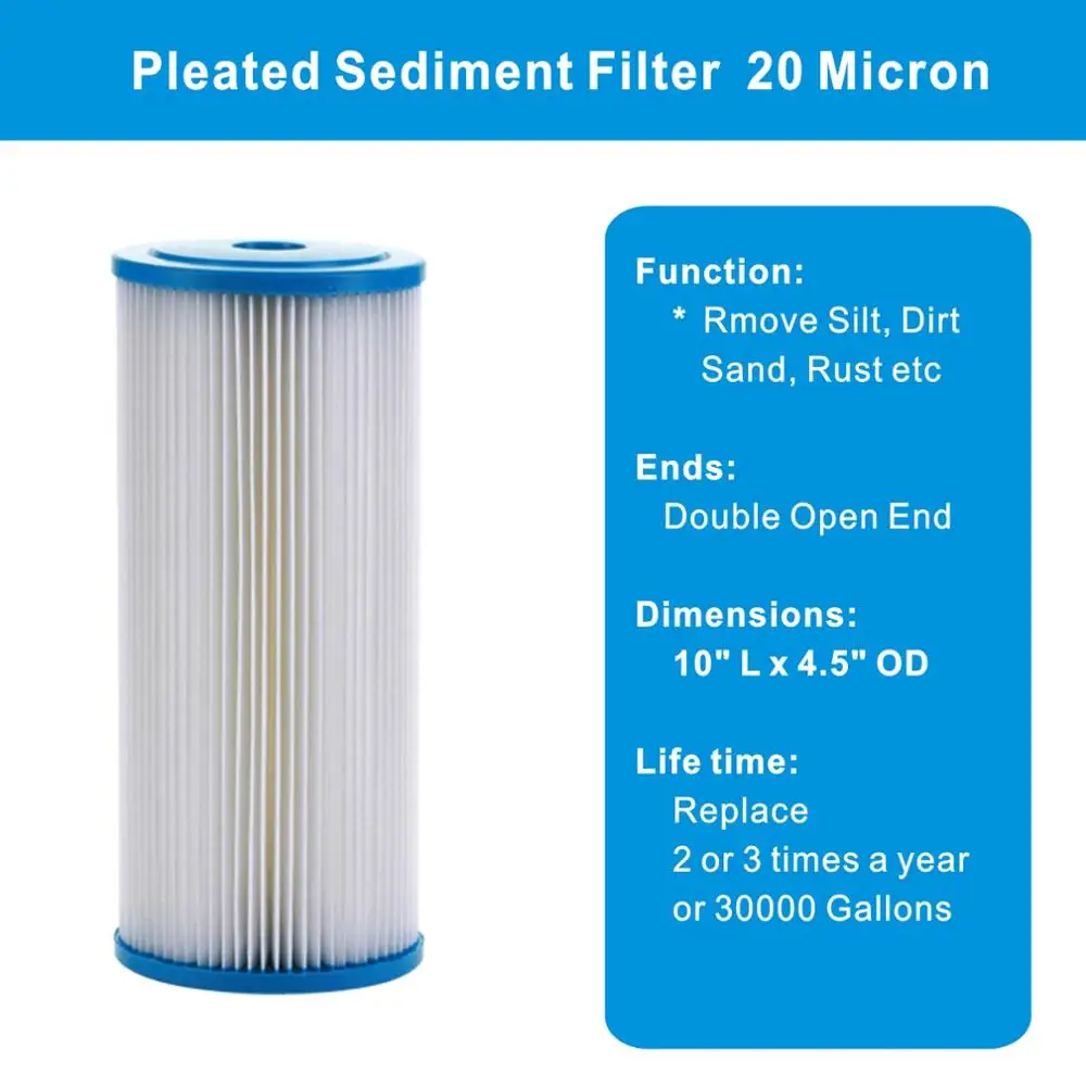 

2 PACK OF 20 Microns Sediment Pleated Water Filter Cartridge Whole House 4.5-Inch OD x 10 Inch Long, Washable and Reusable