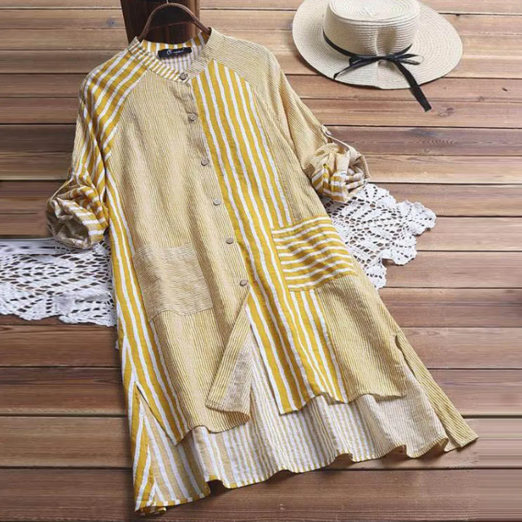 Корейское платье модное женское размера плюс хлопок и лен пуговица полосатый