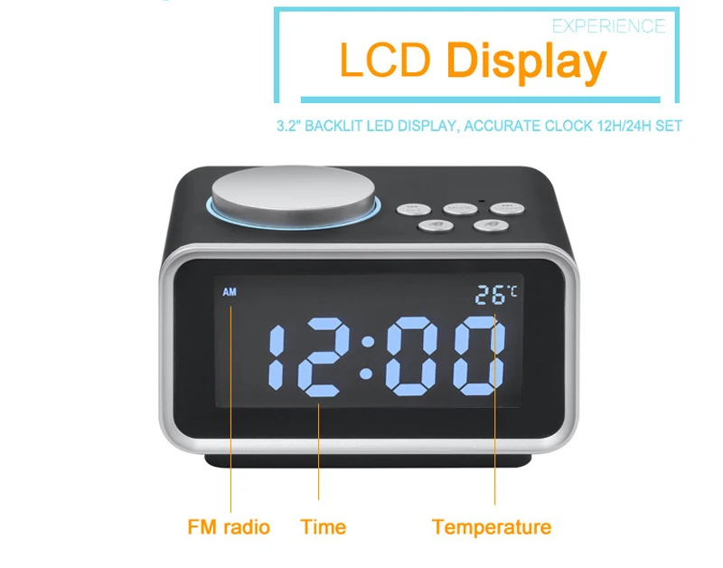 

Multifunction LCD Display Digital Alarm Clock FM Radio Speaker Dual Alarm AUX in with Dual USB Charging Ports