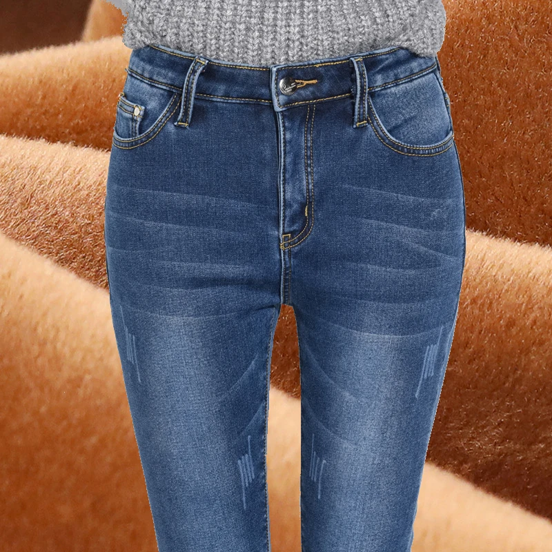 Женские вельветовые утепленные джинсы теплые брюки с высокой талией ковбойские