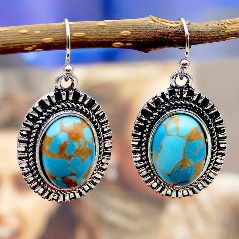 E094-Turquoise Винтажные серебряные серьги в форме капель воды Фиолетовый Кристалл Камень массивные серьги натуральные аметисты Висячие серьги для женщин Бохо индийские ювелирные изделия - Окраска металла: E094-Turquoise