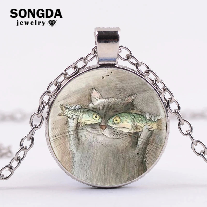 SONGDA Прекрасный Принт Кот рыбка Кристальный стеклянный кабошон ожерелье подвеска