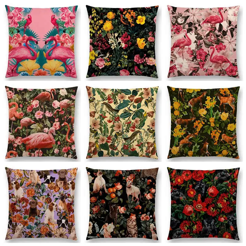 Винтажный Чехол на подушку с животными цветочным принтом фламинго кошка собака