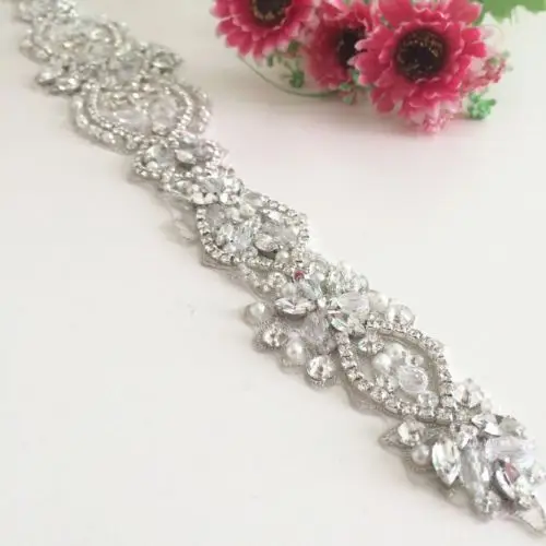 Свадьба кушак Пояс невесты Серебряный Rhinestone Саш кристалл Бусины Вышивка