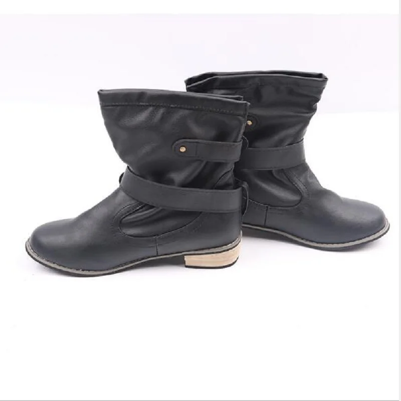 Женские ботинки до середины икры полусапожки на толстом каблуке без застежки с