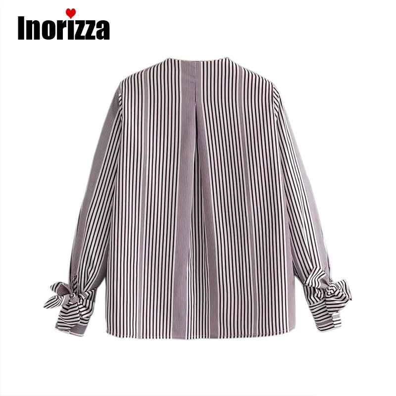 women Spring casual V neck shirt striped loose bow tie long sleeve blouse ladies tops blusas |
