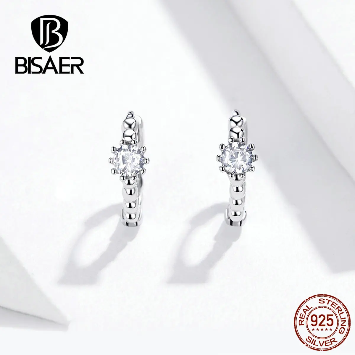 BISAER, серебряные серьги, 925 пробы, серебро, прозрачный кубический циркон, круглая форма, серьги-гвоздики для женщин, роскошные ювелирные изделия EFE194