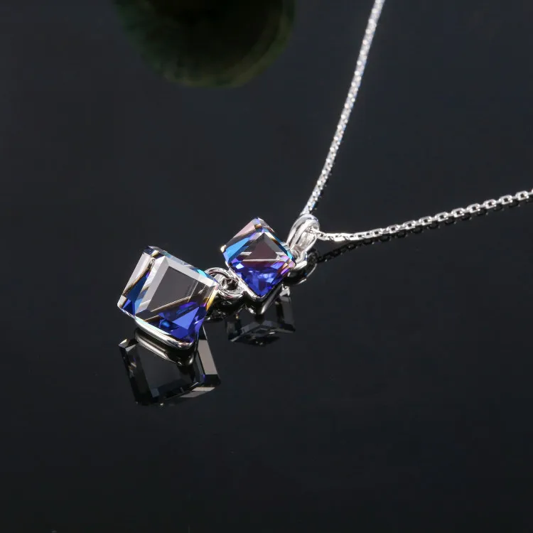 Ожерелье с кристаллами Swarovski, женское квадратное двойное ожерелье с синим кубическим кристаллом, женское ювелирное ожерелье