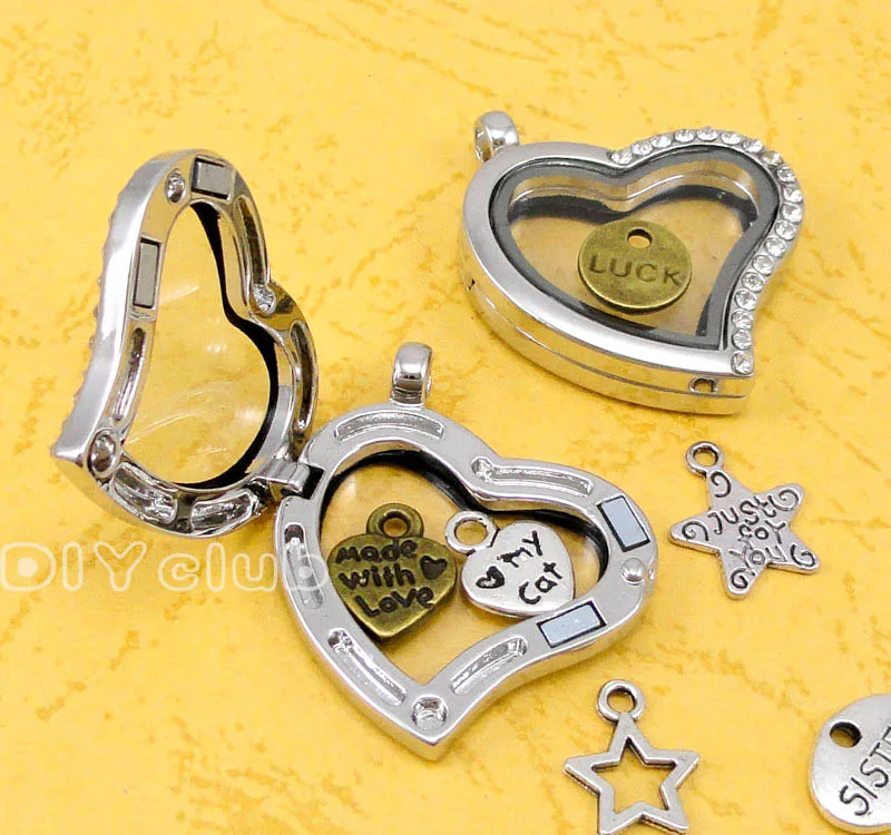 2pcs-Silver сердце Форма плавающей медальон с Стразы Стекло кулон медальоны на память