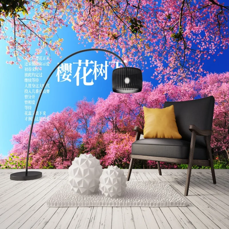 Фотообои на заказ природные пейзажи японские горы Фудзи Вишневое дерево пейзаж