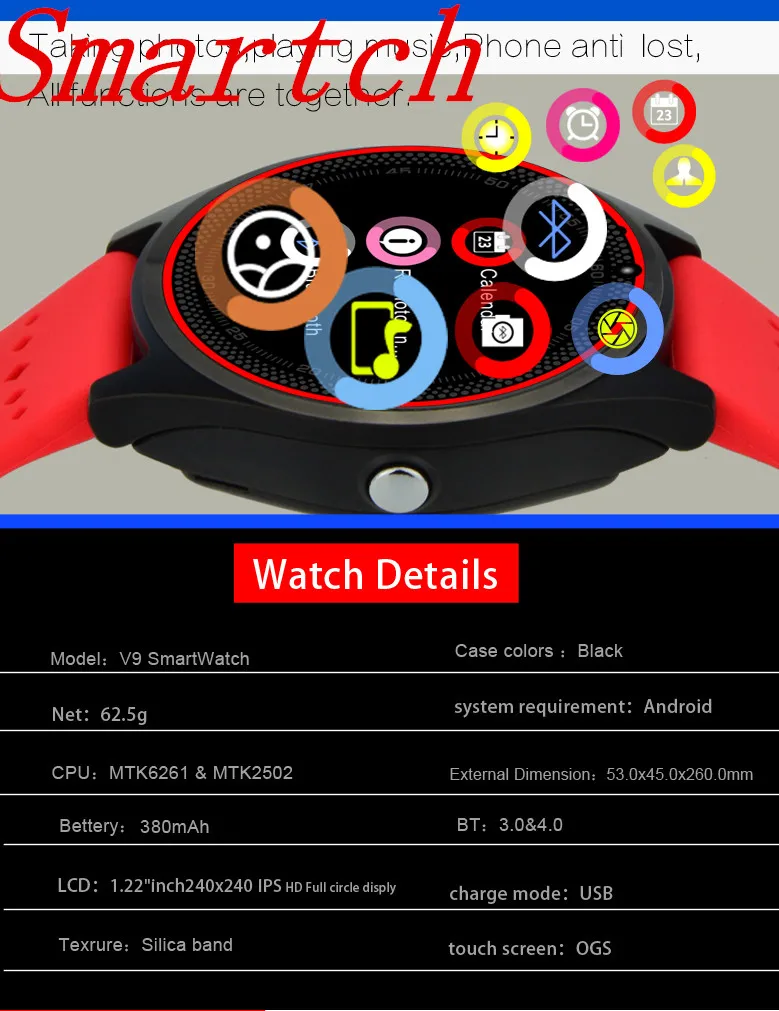 Смарт-часы Smartch V9 с поддержкой sim-карты TF умные часы для мужчин и женщин камерой