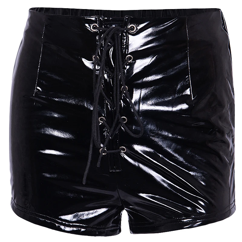 InstaHot Lace Up Elastic Waist Pu Leather Shorts Summer Black Red Sexy Fashion Tie Up Shorts Streetwear Club Clothing Lady
