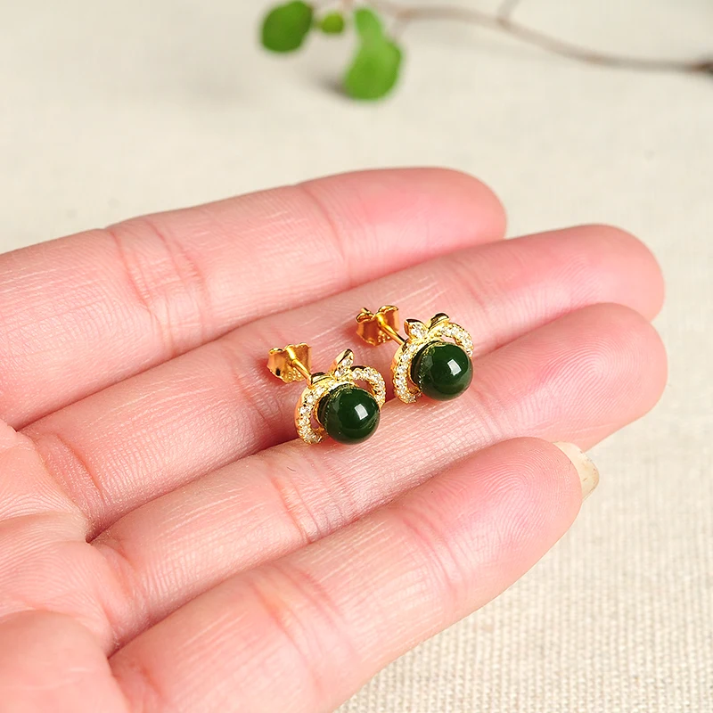 Natural Women'S Fine Jewelry 925 Silver Inlaid Authentic A Goods Jade Apple Earrings Abp1650 Free Shipping | Украшения и