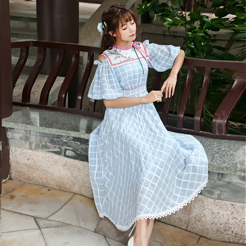 

Spring/summer New Sweet Cute Dress Literary Fresh Preppy Style Stand Collar Lantern Sleeve Embroidered Mid-length Plaid Dress