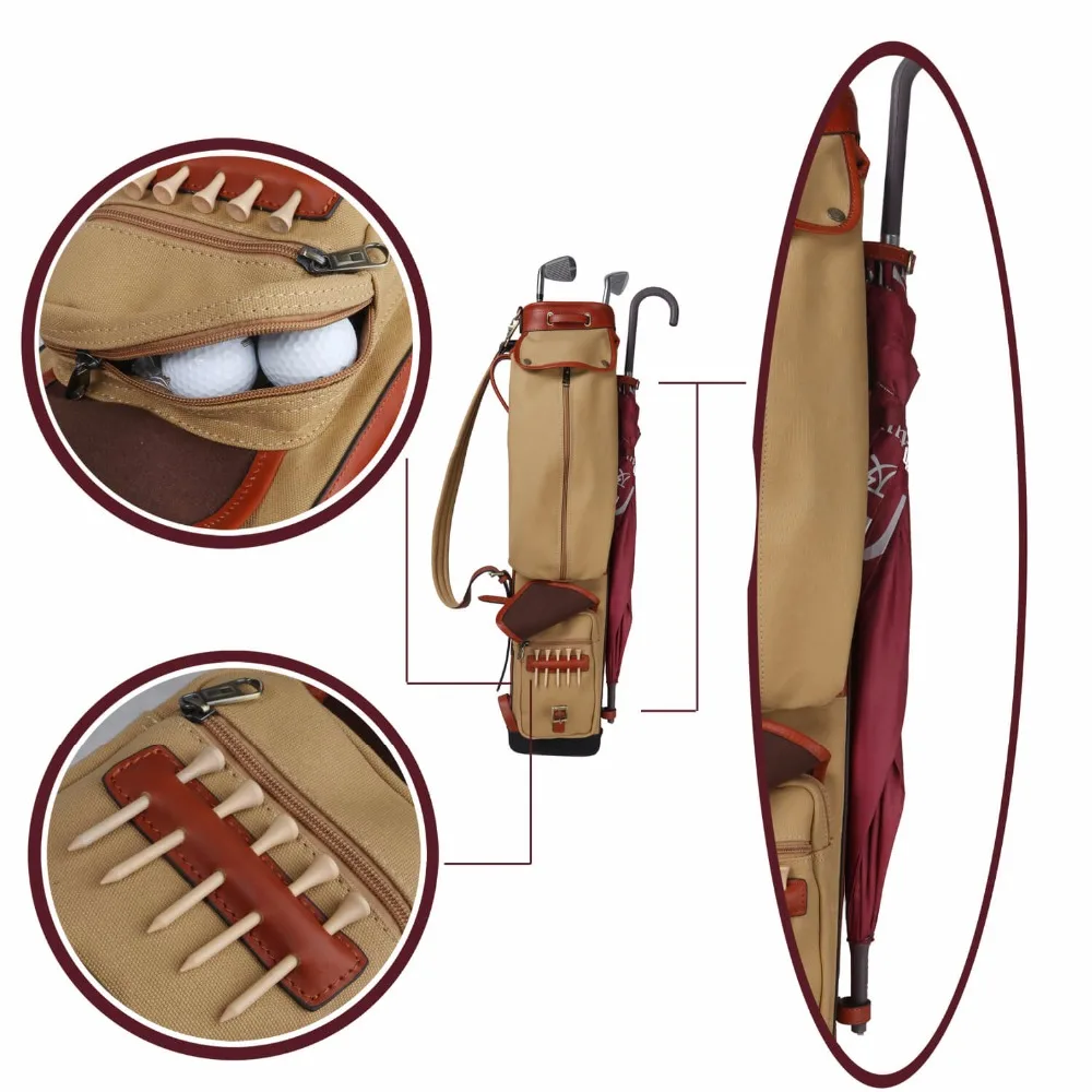 Tourbon Vintage Golf Club Bag Carrier Canvas & Leather Golf Gun Bag W/Side Pockets Driving Range Bags Cover 87CM