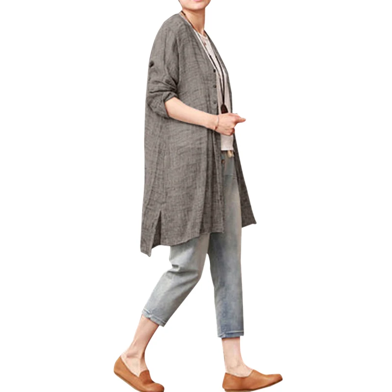 New Hot Women Fashion Loose Solid Color V Neck Long Sleeve Blouse Cardigan Ladies Casual Button Shirts Side Slit Tops |