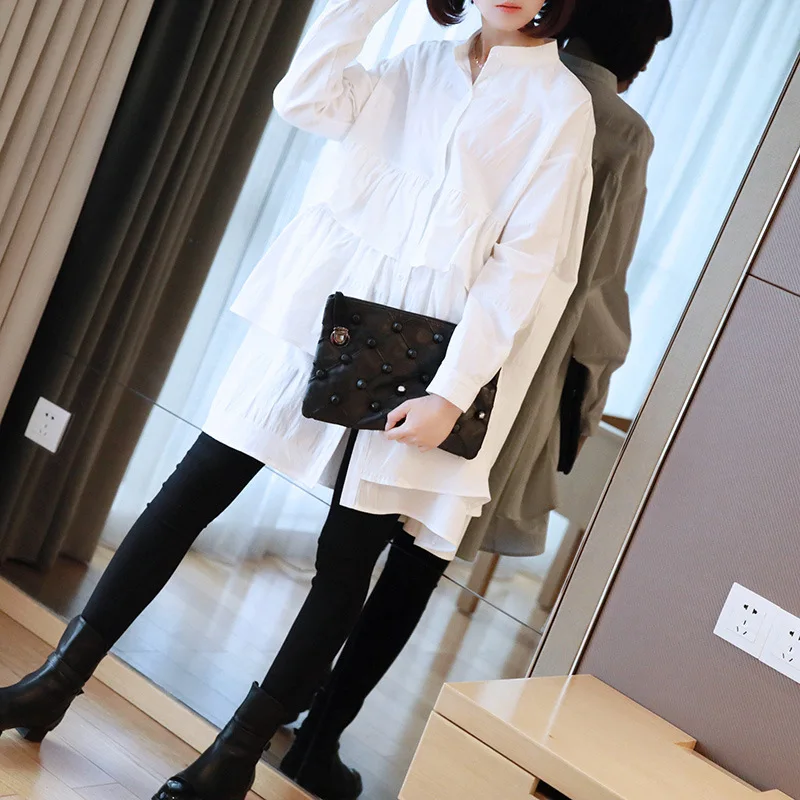 

Spring large size white shirt female 2019 Korean version of the new women's long section ruffled shirt dress