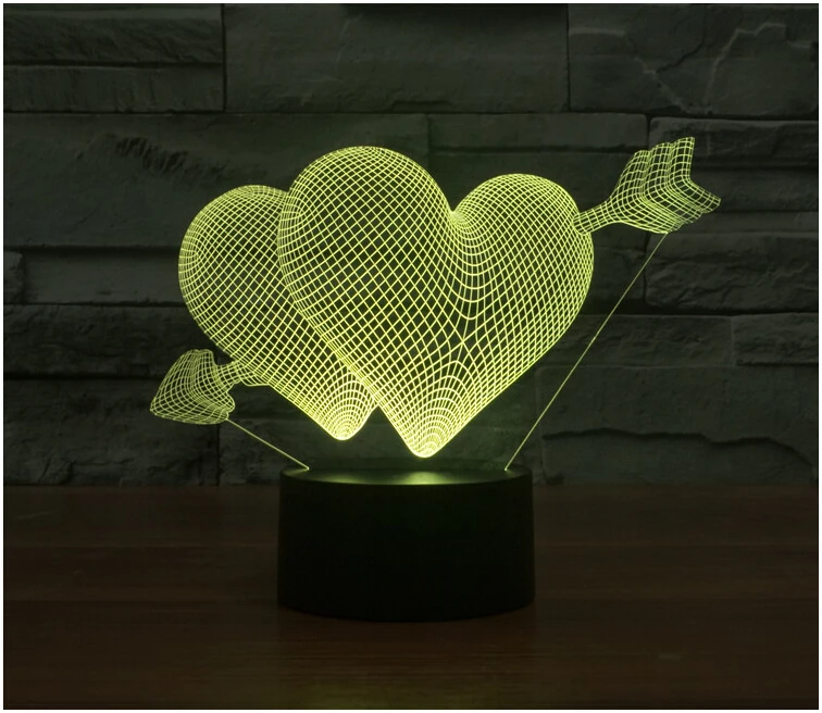 3D иллюзия LED Bulbing ночник Двойное сердце романтическое освещение атмосфера