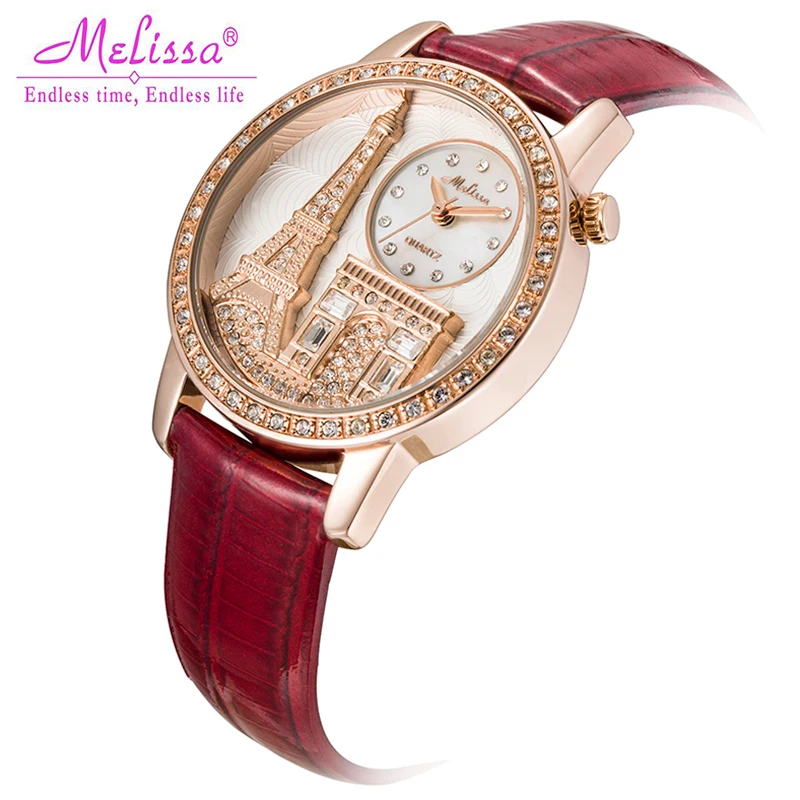Melissa Lady Women's Watch Japan Quartz Hours Fashion Bracelet Leather Luxury Rhinestones Birthday gift Eiffel Tower Triumphal | Наручные