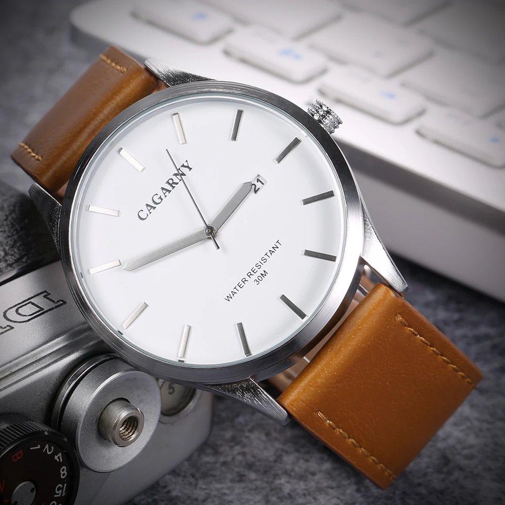 

Fashion Casual CAGARNY Luxury Brand men watches Leather Business Quartz-Watch Men Wristwatch Relogio Masculino Male Clock