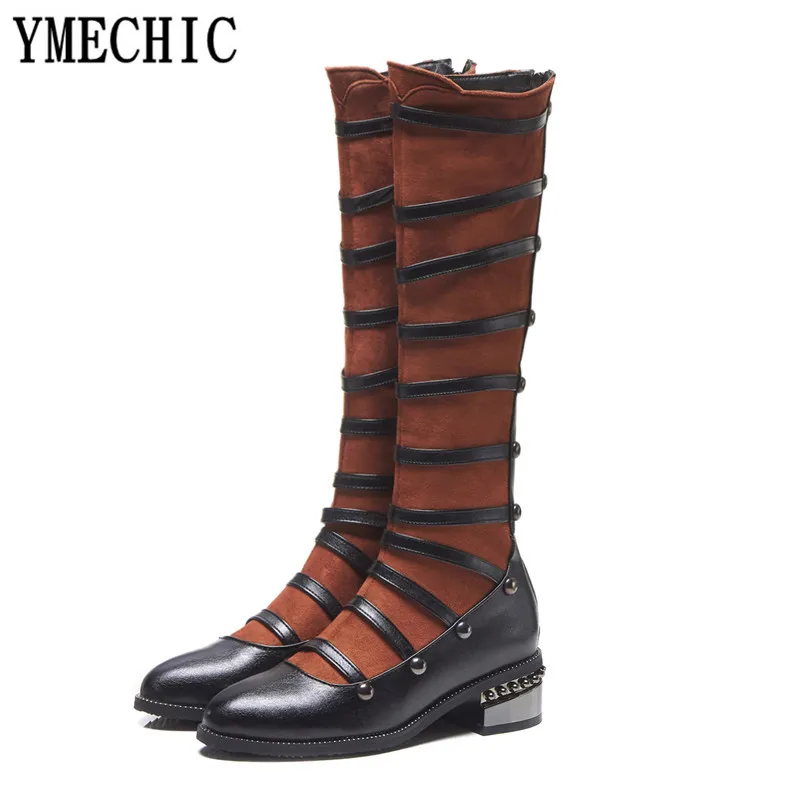 Женские сапоги гладиаторы до колена YMECHIC 2018 черные коричневые из флока на среднем