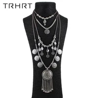 women bib statement necklace fashion jewelry bohemian antique silver coin necklace vintage trendy necklace