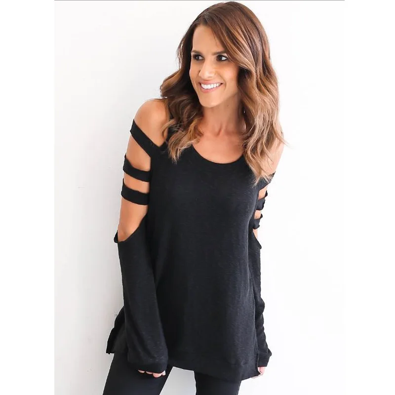 2017 Сексуальные Женщины С Длинным Рукавом Плеча Выдалбливают О Шеи футболка Тис