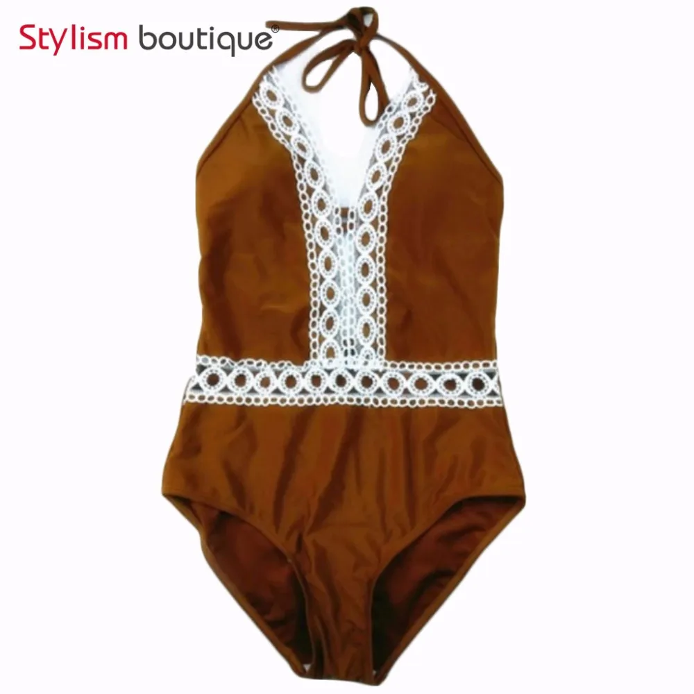 2018 кружевной лоскутный купальник женский цельный с глубоким вырезом купальный