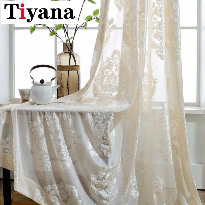 Tiyana, европейская флокированная ткань, кремовые кружевные прозрачные тюлевые панели, экраны, занавески, занавески, перегородки для гостиной, P011D3