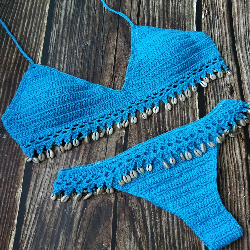 Женский комплект бикини ручной работы вязаный крючком пуш-ап бюстгальтер с