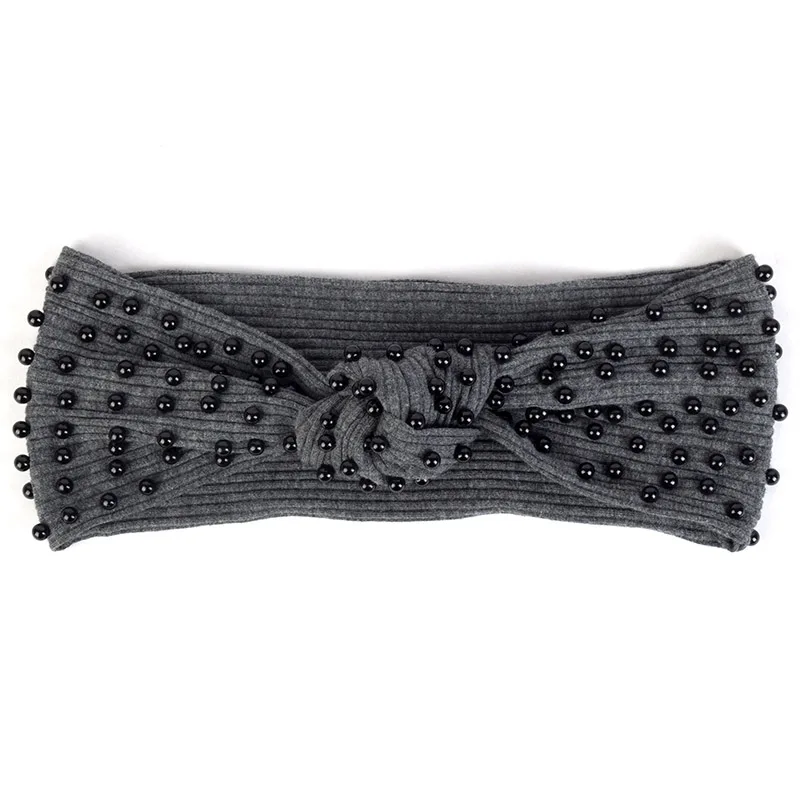 Black Dark gray Модные жемчужные бусы ребристые повязки для волос для женщин Boho завязанные полосатые эластичные хлопковые повязки на голову женские тюрбан Обертывания Аксессуары для волос - Цвет: Black Dark gray