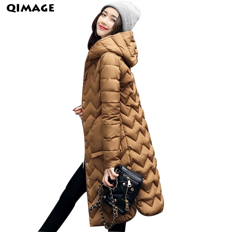 Qimageзимняя куртка пальто для женщин длинные хлопковые пуховики 2017 женские тонкие