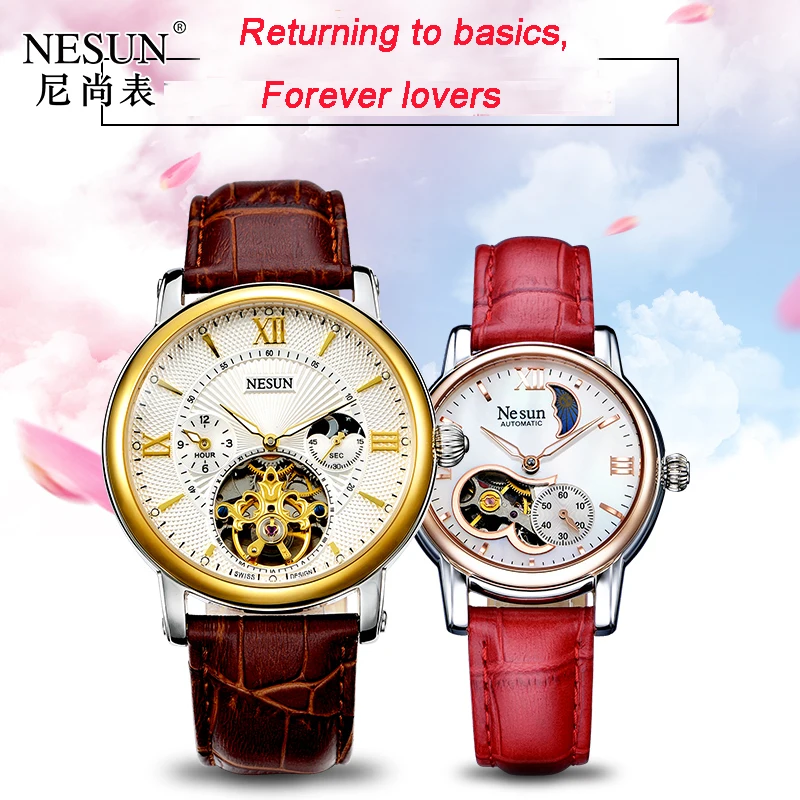 Швейцарские часы Nesun Hollow Tourbillon для мужчин и женщин, роскошные брендовые автоматические механические часы для влюбленных, сапфировые часы 9091-L