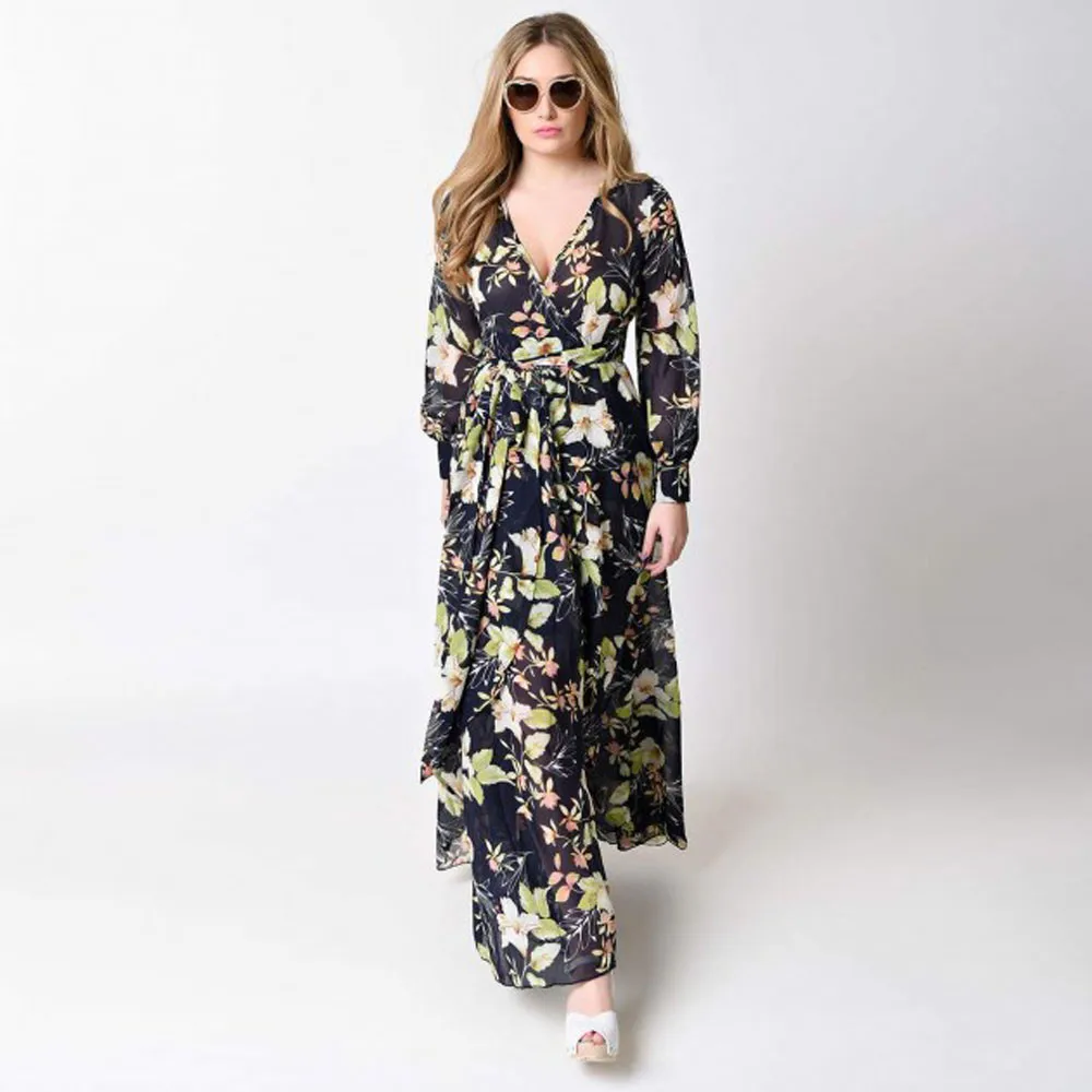 Женское шифоновое длинное платье-макси с цветочным принтом вечерние пляжные