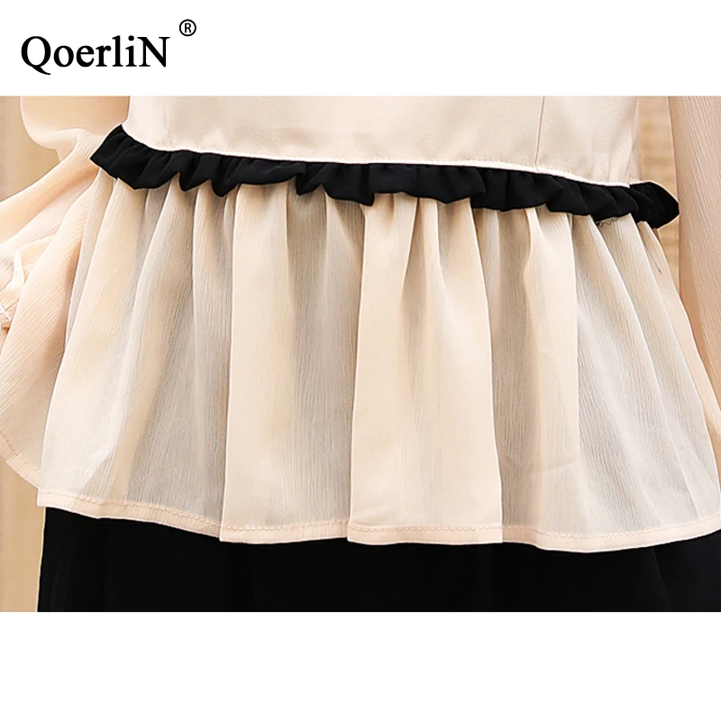 QoerliN v-образным вырезом шифоновая блуза для женщин рукав-фонарик с оборками