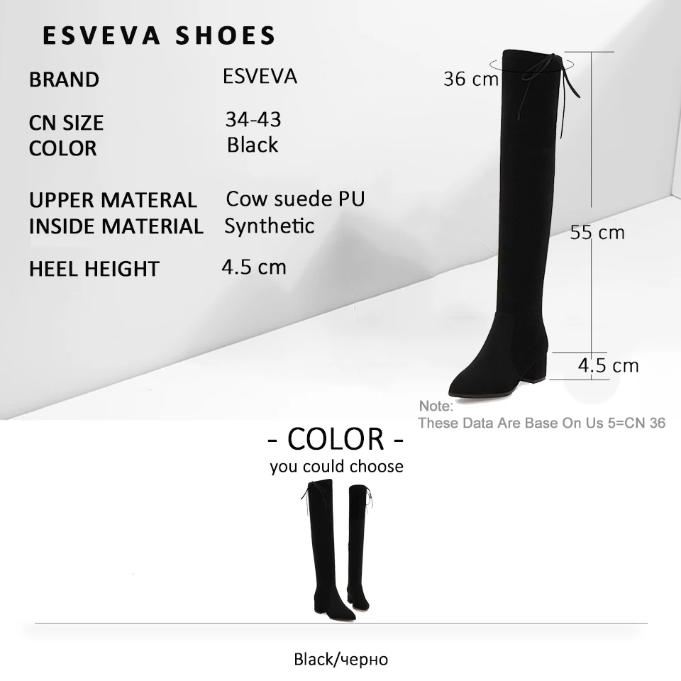 

ESVEVA 2019 Women Boots Winter Over The Knee Boots Flock Basic Square Med Heels Sewing Spring Autumn Ladies Boots Size 34-43