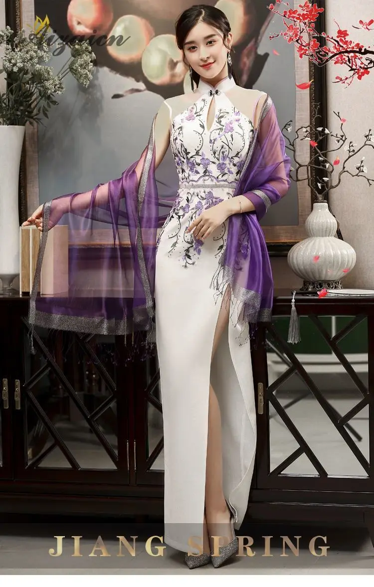 Роскошная вышивка Восточный Стиль Вечерние платья Длинные Cheongsam сексуальное летнее платье с разрезом от бедра женское китайское традиционное свадебное Qipao