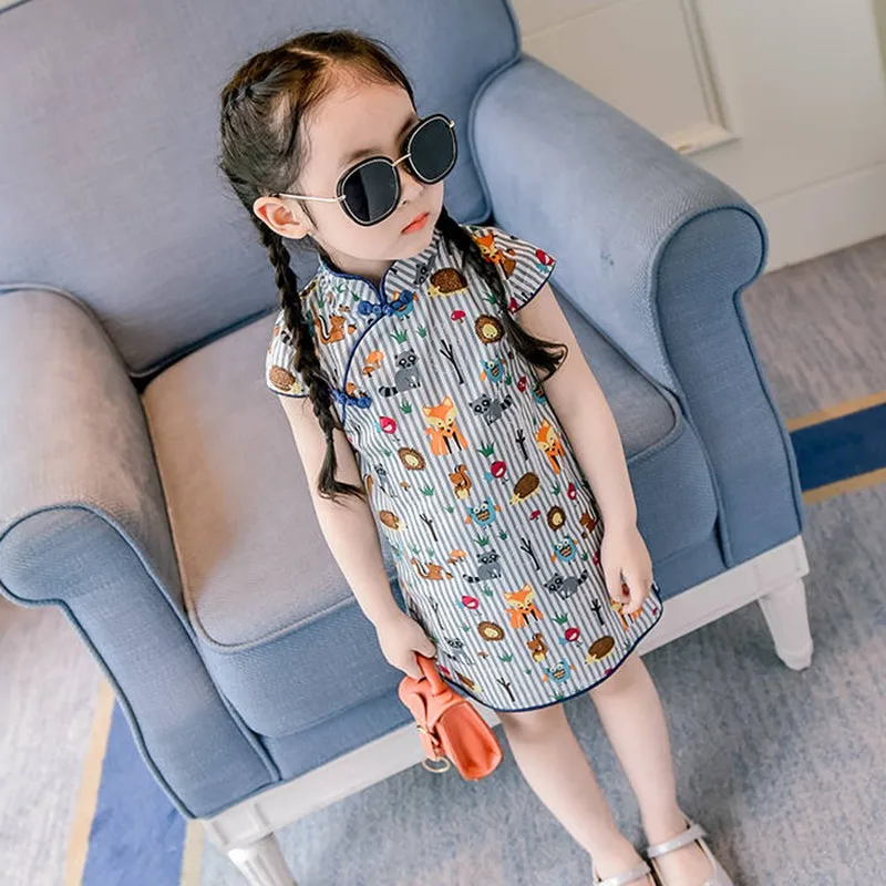 Черный Китайское платье принцессы Cheongsam; летнее платье для маленьких девочек; детская одежда; милое хлопковое платье принцессы без рукавов с цветочным принтом - Цвет: Черный