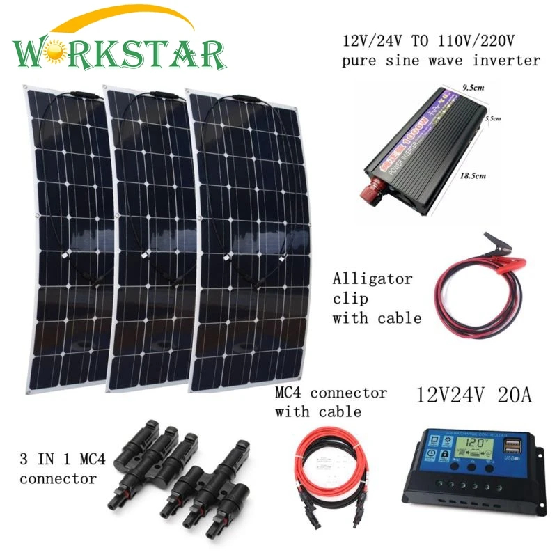 WORKSTAR 3*100 Вт Гибкая солнечная панель зарядное устройство + 1000 Инвертор 10А