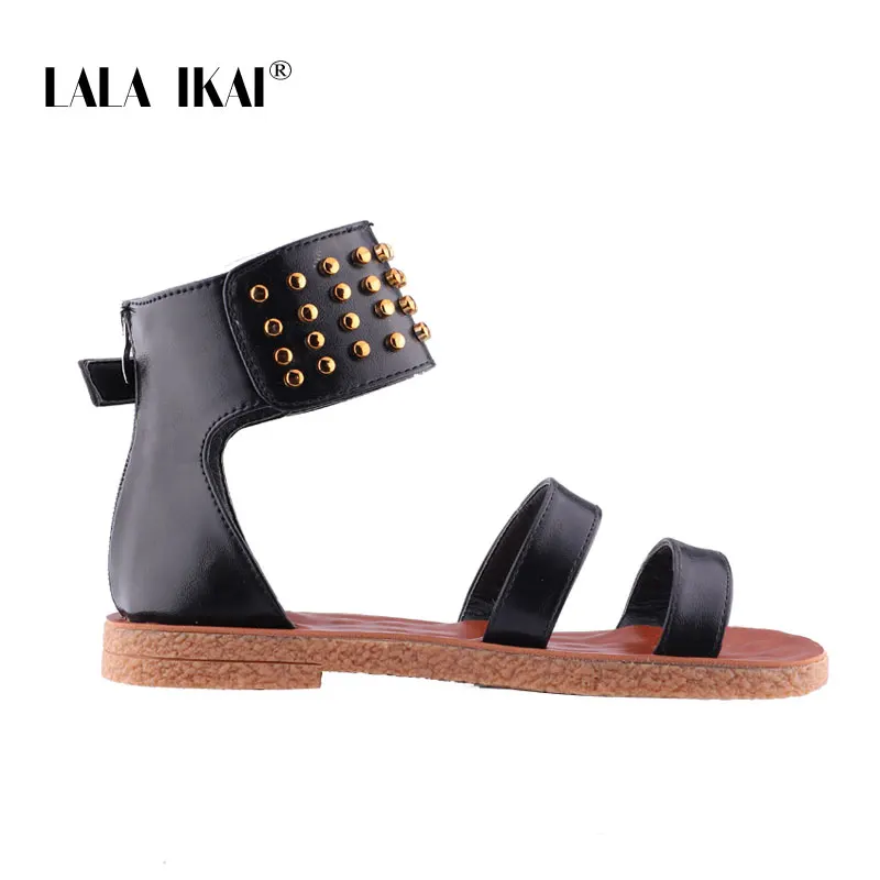 Black LALA IKAI/женские босоножки; летние женские сандалии-гладиаторы на плоской подошве; женские сандалии из флока с заклепками и закрытой пяткой на молнии; 014A3607-4 - Цвет: Black