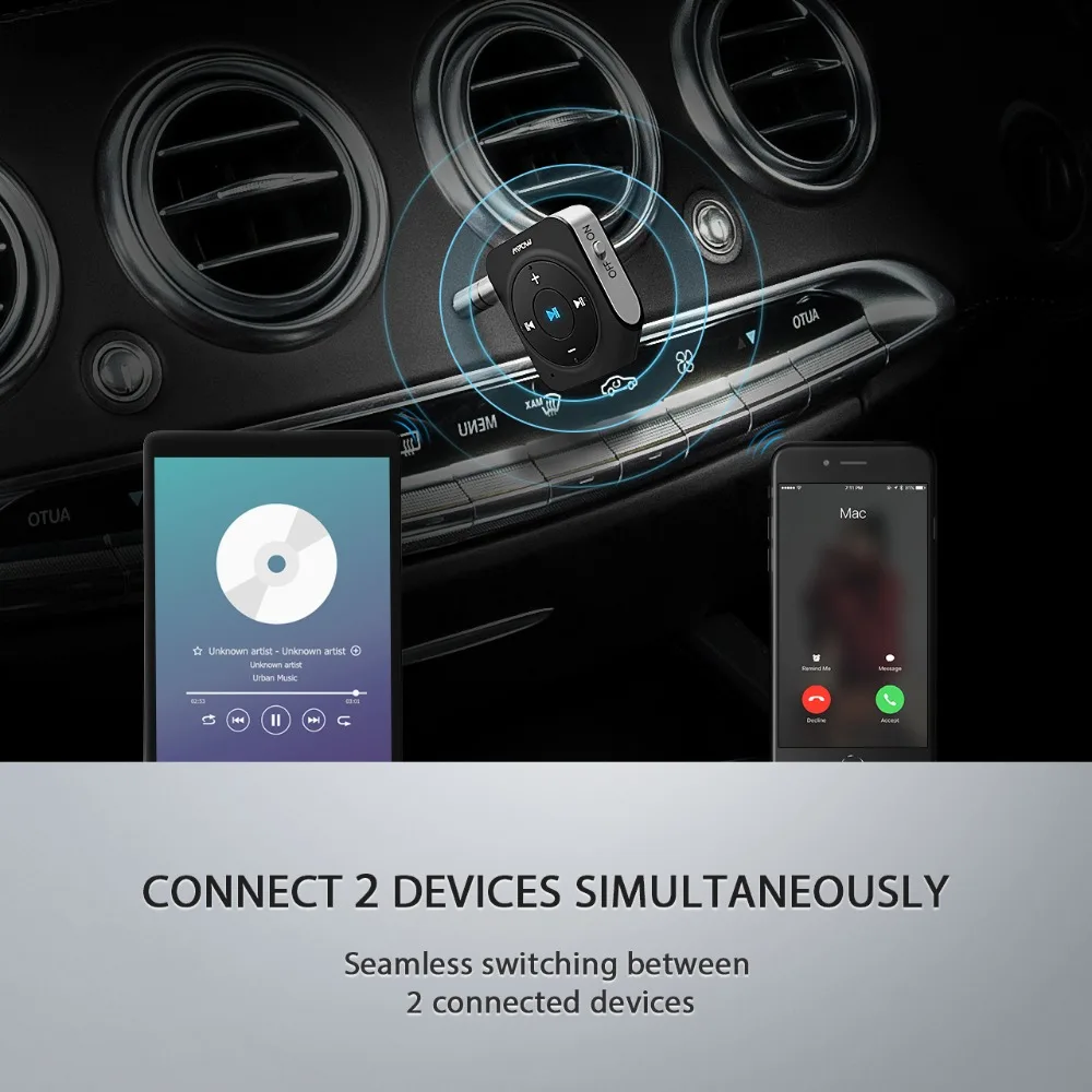 Mpow Bluetooth V4.1 приемник автомобильный комплект аудио адаптер Встроенный 2 микрофона 15 ч Время воспроизведения Hands-free для домашней автомобильной звуковой системы