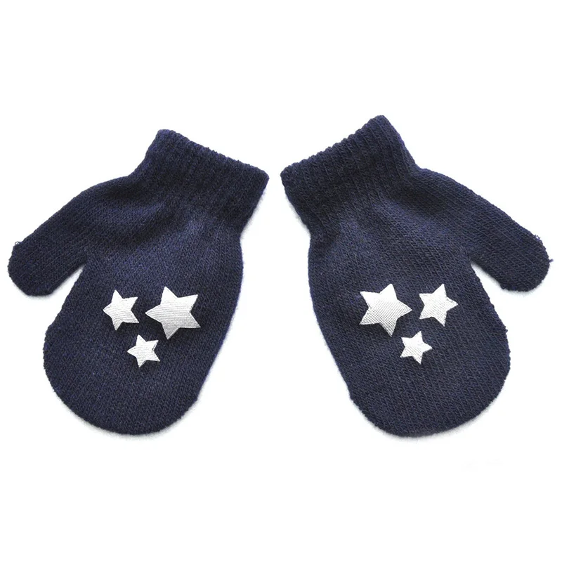 Deep blue star Зимние Детские перчатки для новорожденных; детские перчатки в горошек со звездами и сердечками; варежки; Мягкие вязаные теплые детские перчатки для маленьких мальчиков и девочек - Цвет: Deep blue star