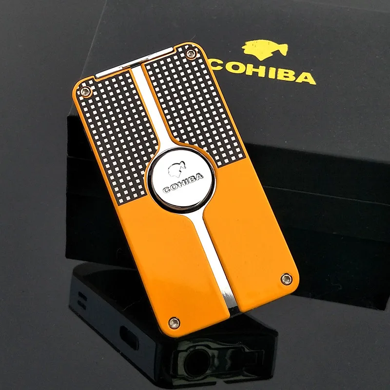 COHIBA Зажигалка металлическая 3 струйный фонарь голубое пламя зажигалка газовая надувная сигарная Зажигалка со встроенным сигары дырокол, подарочная коробка